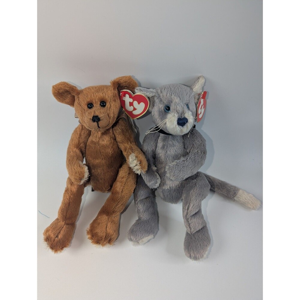 TY Classic Plush Lot of 2 Brown Bear Gray Cat With Tags Stuffed Animals